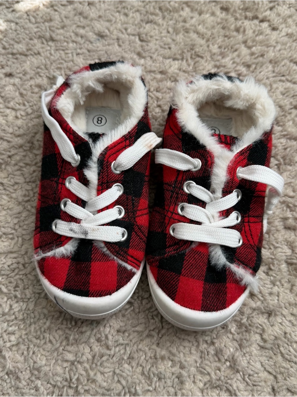 Bumble + Birdie Red & Black Buffalo Plaid Faux Fur Sneakers Size 8